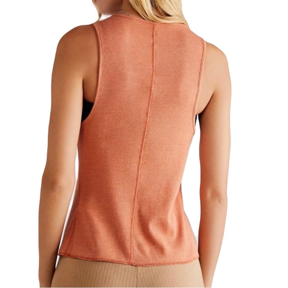 Free People NEW The Laid Back Ribbed Henley Tank “Goldrust” Orange Rust Beige XL - Picture 2 of 4